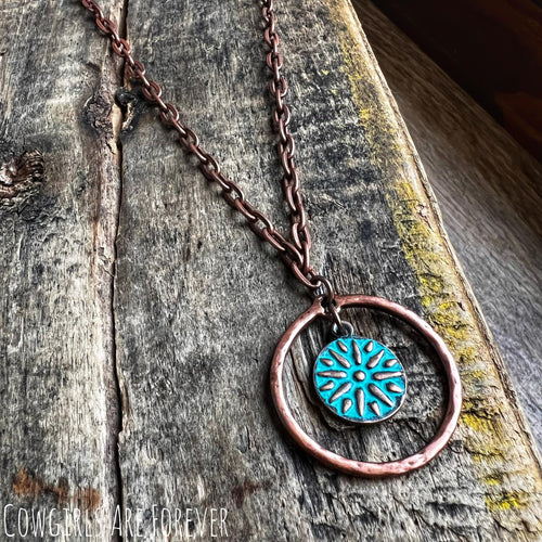 Copper and Patina Sunburst Hoop Necklace
