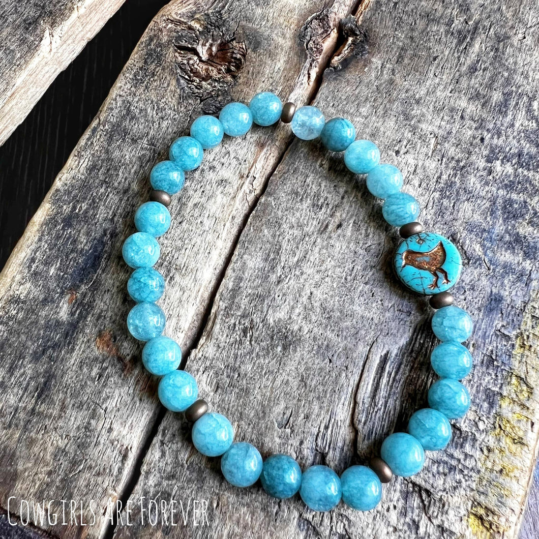 A little Birdie | Blue Aquamarine Jade with Czech Glass Bird Beaded Bracelet