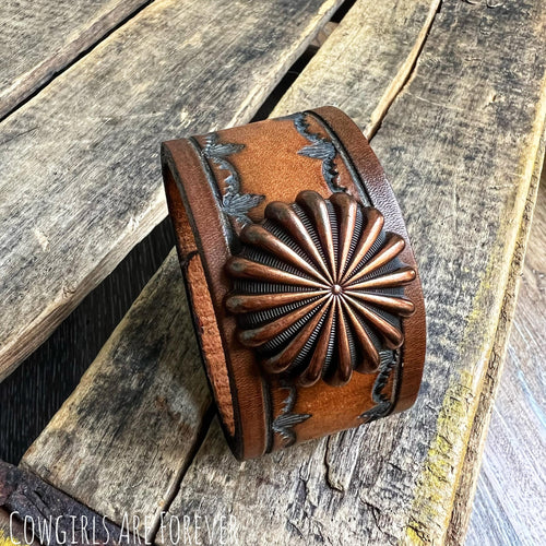 Rocket | Brown Tooled Up Cycled Leather Cuff