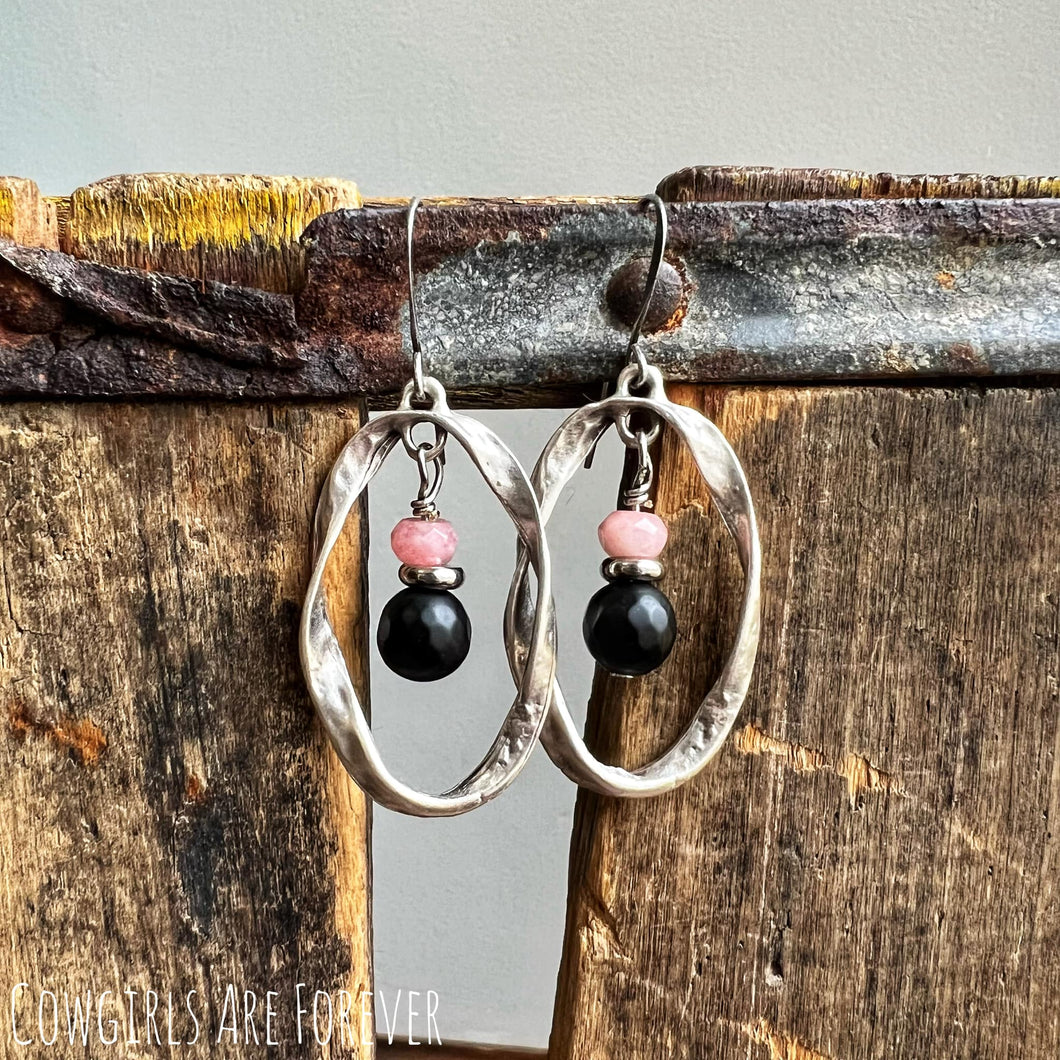 Silver Plated Hoop Earrings with Pink Jade and Black Onyx.