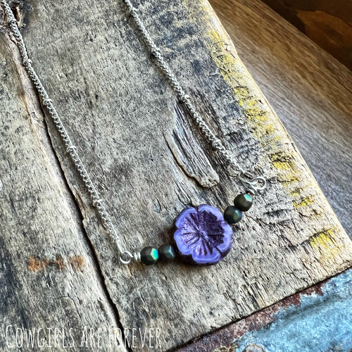 Purple Czech Glass Flower Bar Necklace